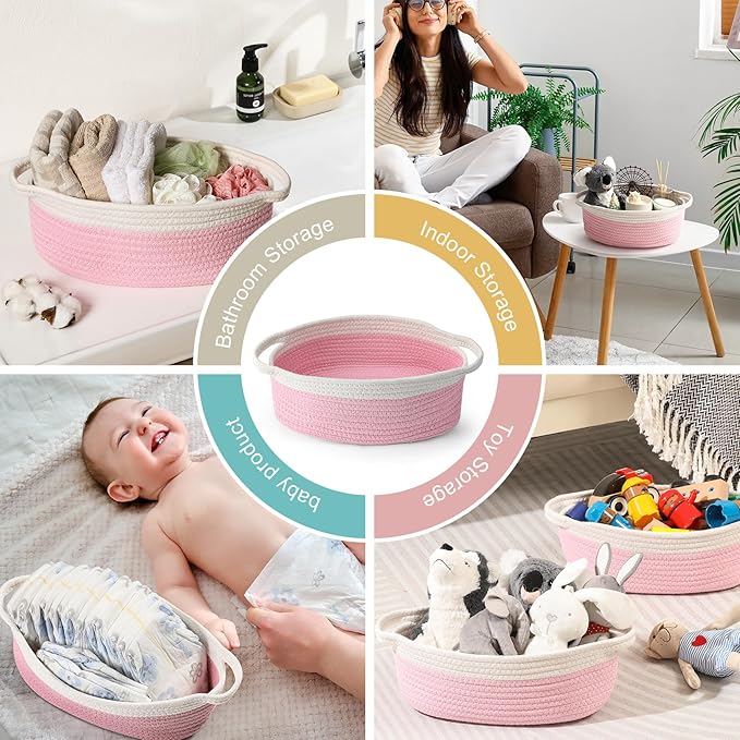 LANDNEOO Small Woven Basket with Gift Bags and Ribbons, Empty Decorative Gift Chest Box, Cute Baby Gift Basket for Nursery, Cotton Rope Room Shelf Storage Basket with Handles, 12"x 8"x 5", Pink