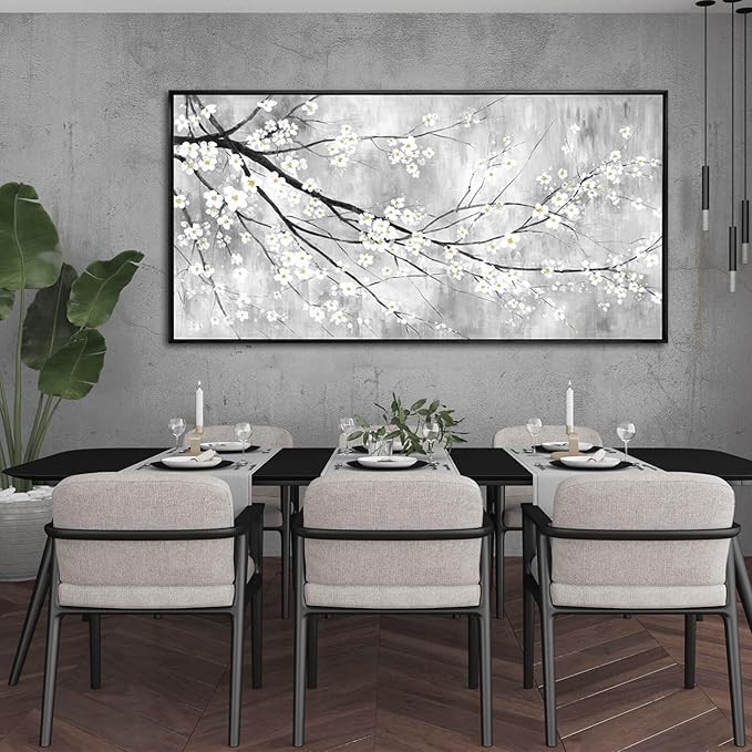 WINKAILIN Large 29"x58" White Black and Gold Plum Blossom Canvas Black Frame Wall Art Minimalist Flower Poster Decorative Artwork for Living Room Bedroom Office Kitchen Walls