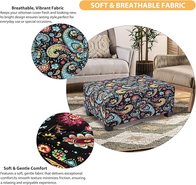 Ottoman Cover Rectangle Printed,Stretch Slipcover for Rectangular Footstool,Soft Fabric with Non-Slip Elastic Bottom,Decorative Furniture Protector for Living Room,Large,Flower F