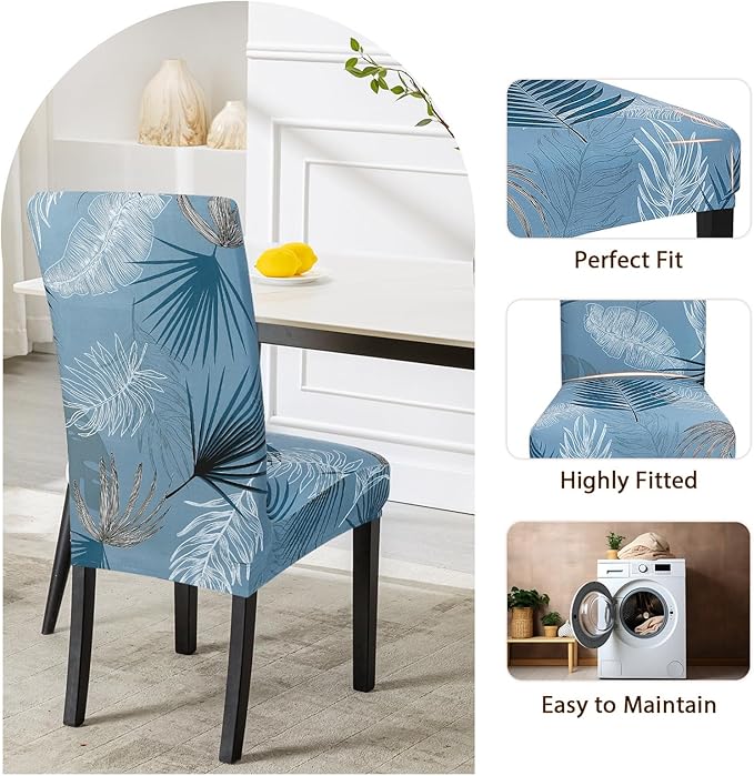 SearchI Summer Pattern Dining Room Chair Covers Set of 6, Stretch Printed Parsons Chair Slipcovers Spandex Removable Washable Kitchen Chair Protector Cover for Dining Room, Hotel, Ceremony (Blue)