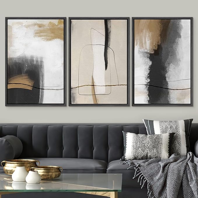 SIGNWIN Framed Canvas Print Wall Art Set Geometric Line Brown Black Pastel Color Field Abstract Shapes Illustrations Modern Art Decorative Colorful for Living Room, Bedroom, Office - 16"x24"x3 Black