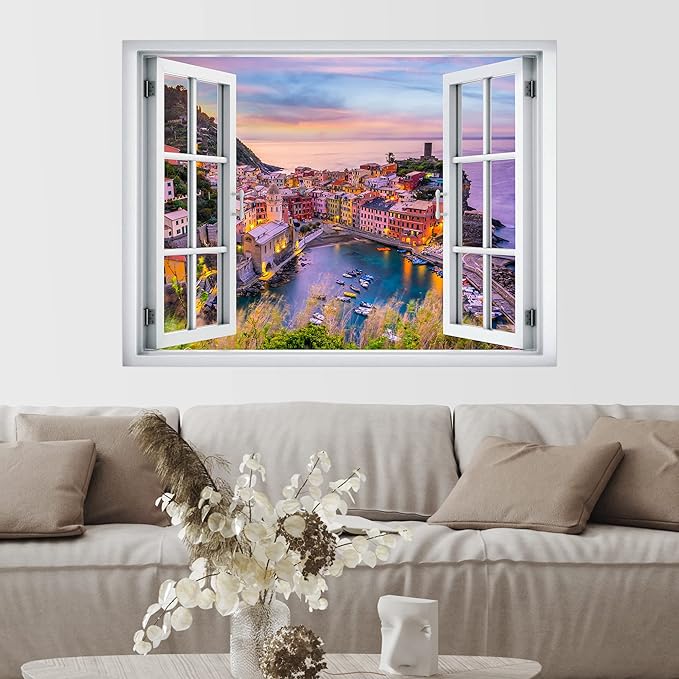 SIGNWIN Removable Wall Sticker/Wall Mural Window View Aerial Italian Venice Cityscape Nature Wilderness Photography Realism Decorative Landscape Digital Art for Living Room, Bedroom, Office - 36"x48"