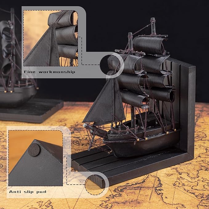 Wooden Ship bookends The Black Pearl Pirate 10" Prebuilt Caribbean Coastal Sailboat Decor Nautical Gift for Enthusiasts
