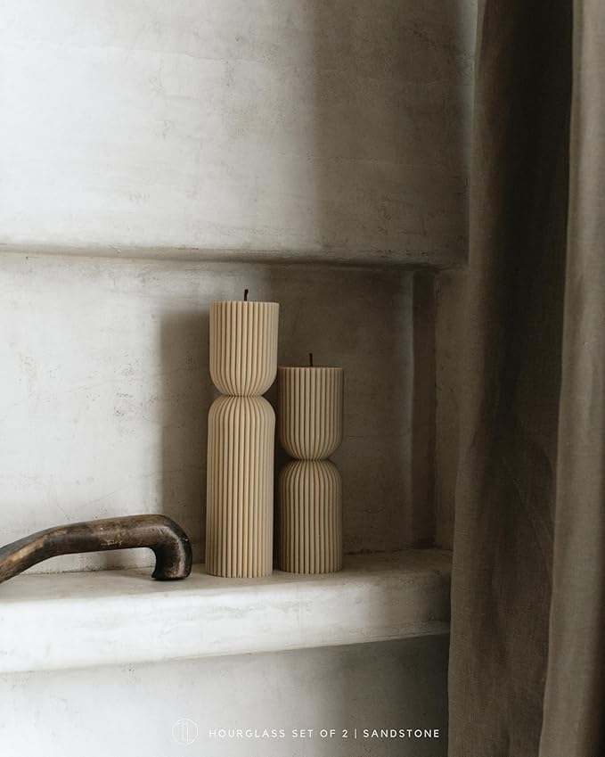 LAWA Hourglass Pillar Candle - Large Beautiful Handmade Pillar Scented Soy Wax Candle Elegant Bubble Aesthetic Candle Housewarming Gift Home Room Shelf Decor Idea Sandstone (Set of 2)