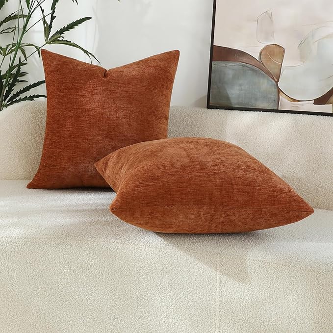 Terracotta Chenille Decorative Couch Throw Pillow Covers, Soft Cushion Cases for Home Livingroom Sofa Décor, Pack of 2, 14 x 14 Inches