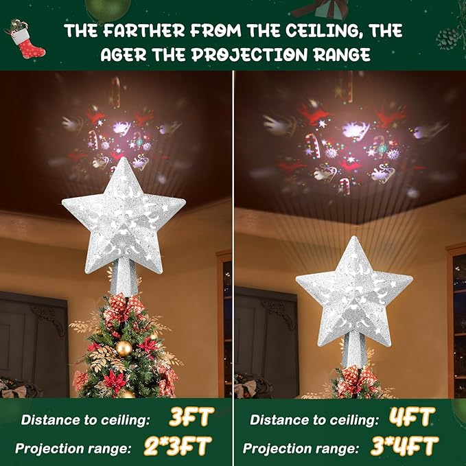 Christmas Tree Topper, Christmas Star Tree Topper Built-in LED Rotating Lights, Plug in 3D Sliver Glittered Star Tree Topper for Xmas Party Holiday Decorations