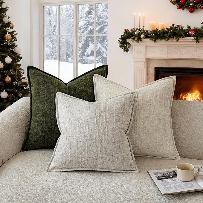 a moment Christmas Linen Pillow Covers Set of 2,Boho Farmhouse Throw Pillowcases Neutral Textured Decorative Covers for Couch Sofa,Soft Linen Blend Accent Case Cushion Home Decor 24"x24"Dark Green