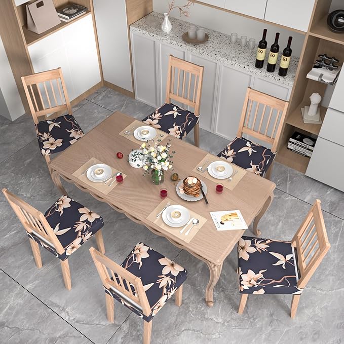 Stretch Dining Chair Seat Covers Set of 6,Dining Chair Slipcovers, Floral Printed Chair Covers,Soft Fabric Washable Upholstered Chair Seat Protector, No Rear Covers for Home Kitchen Dining Room