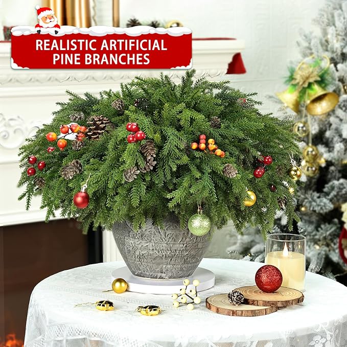 12 Pcs Christmas Greenery Stems with Pinecones Soft Bendable Naturally Droop Realistic Artificial Pine Stems Christmas Pine Branches Picks Faux Cedar Stems for Vase Garland Wreath Table Home Decor(12)