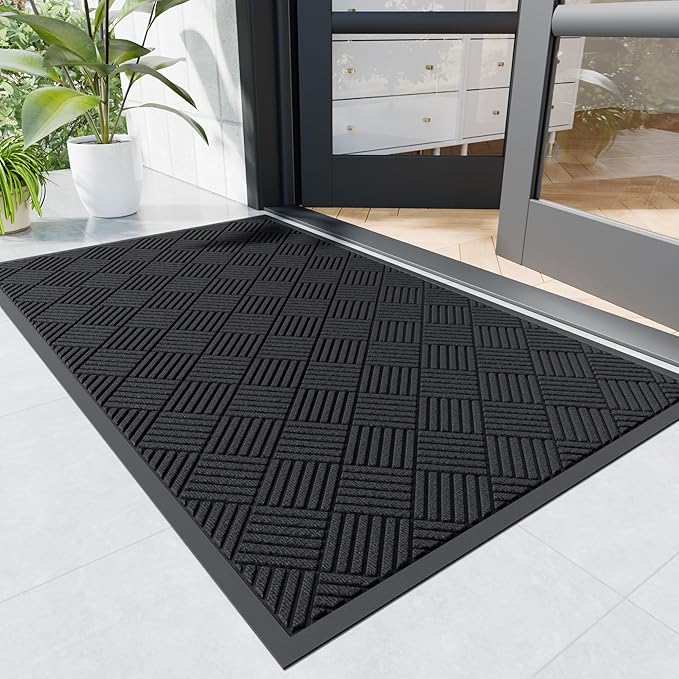 Durable Indoor Outdoor Door Mat, 3' x 5' Heavy Duty Front Door Mat for Entryway, Non-Slip Backing, Stain and Fade Resistant, Absorbent Commercial Floor Mat for High Traffic Area, Black