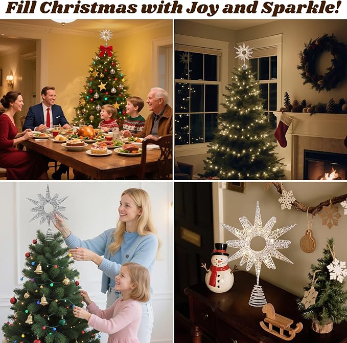 Lewondr Christmas Tree Topper, 14.17'' Metal Xmas Star Tree Topper with 30 LED Bulbs, USB Remote Control Glittered Sunflower Treetop, 6H Timer, 8 Light Modes Christmas Decorations for Home, Silver