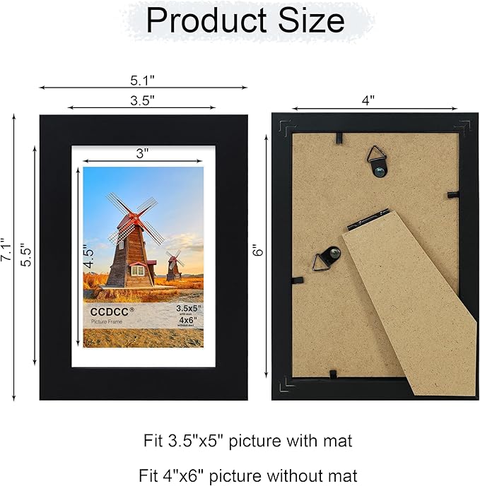 4x6 Picture Frame Set of 2, 4 x 6 Wood Photo Frames with Mat for 3.5x5, Wooden Frame with Real Glass Cover for Wall and Tabletop Display,Black