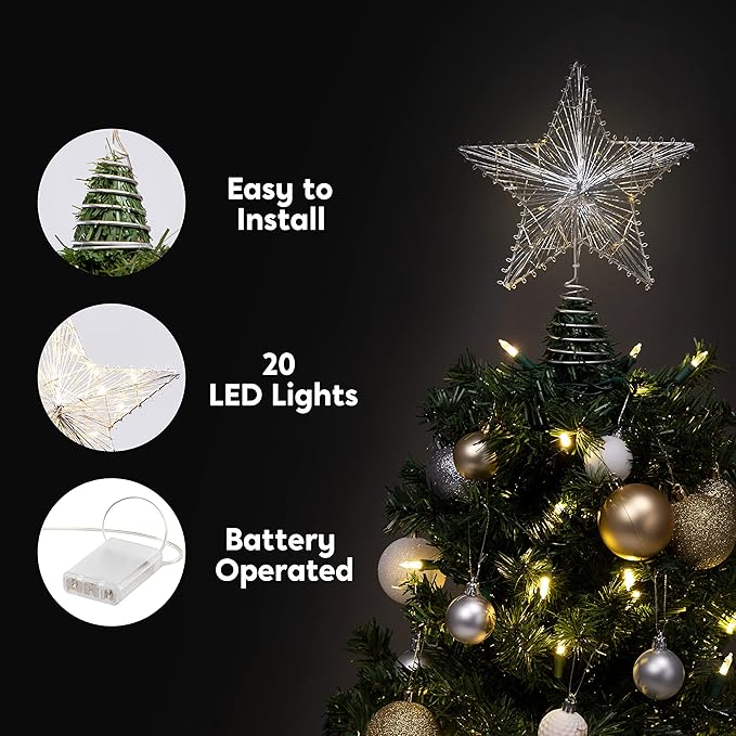 Joiedomi Christmas Star Tree Toppers Silver, 8" Metal Treetop Ornaments Battery Powered with Warm White LED Lights for Xmas Decorations Indoor, Holiday Party Decor