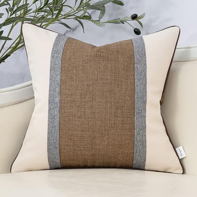 Yangest Patchwork Pillow Cover 18x18 Inch Luxury Cotton and Linen Cushion Cover Square Pillowcover for Couch Bedroom Living Room, Brown