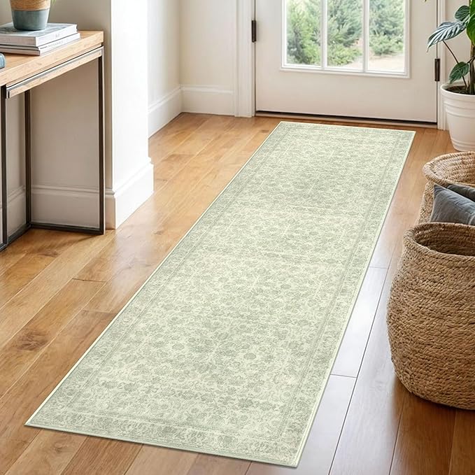 2x6 Washable Runner Rug for Hallways, Light Sage Green and Ivory Soft Neutral Vintage Kitchen Rugs with Non-Slip, Non-Shedding Distressed Floral Rug for Bedroom Kitchen Porch Laundry Entryway