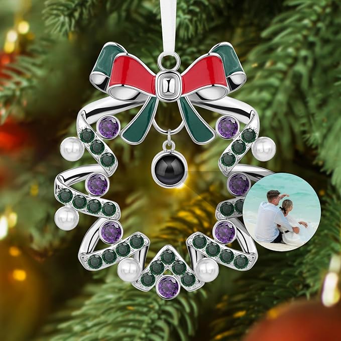 SUPHELPU Custom Wreath Ornament with Picture Inside, Photo Ornaments for Christmas Tree, Personalized Christmas Projection Ornament, Customized Memorial Pendant for Xmas Family