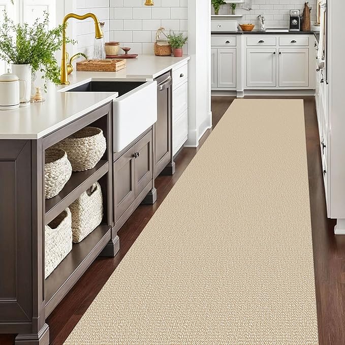 EARTHALL Extra Long Runner Rug 3x18 Ft Washable Runners for Hallways Cotton Non Slip Entryway Runner Braided Kitchen Runner Indoor Outdoor Carpet Runners for Hotels, Officel, Stair, Golden Beige/White