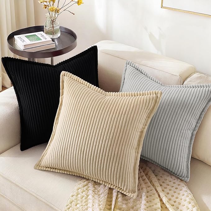 decorUhome Corduroy Black Throw Pillow Covers 22x22 Set of 2 Decorative Soft Boho Farmhouse Euro Couch Pillow Covers for Living Room Bed Sofa Broadside Striped Pillow Cases