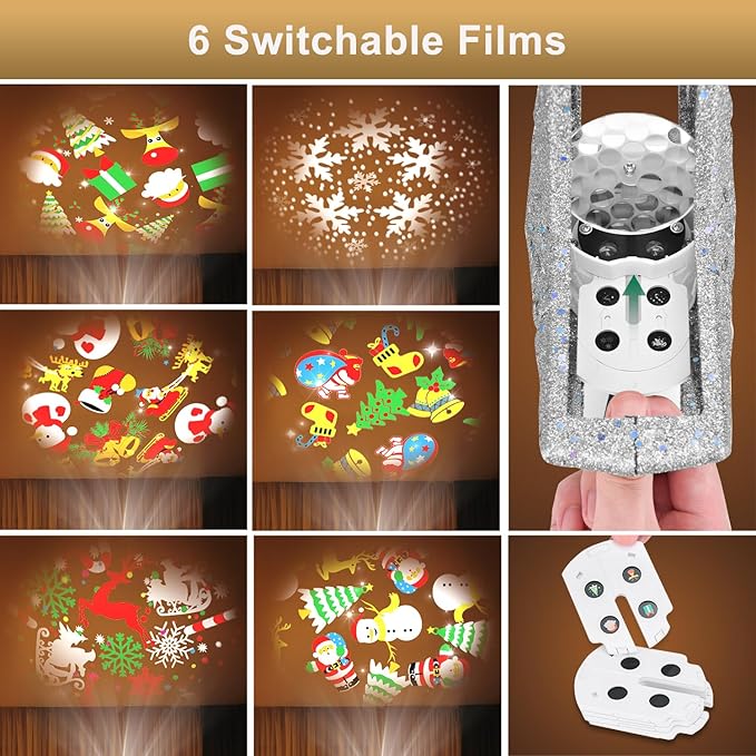 Christmas Tree Topper Lighted with 6 Projected Patterns, Christmas Star Tree Topper Built-in LED Rotating Lights, 3D Glitter Projector for Party Holiday Xmas Decorations Gifts (Snowflake)