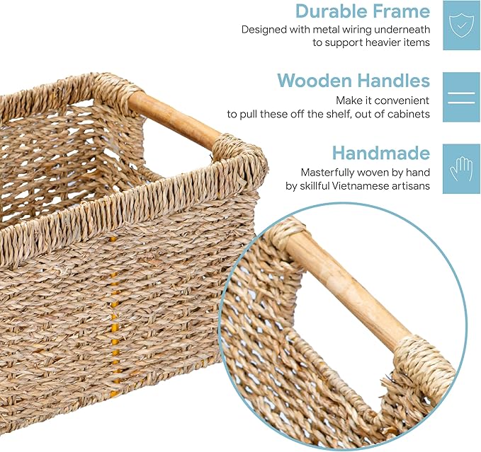 Small Wicker Baskets for Organizing Bathroom, Seagrass Baskets for Storage, Wicker Storage Basket with Wooden Handle, Decorative Small Organizing Basket 10.3 x 7.7 x 6.3 inches - 3 Pack