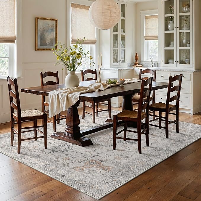 GENIMO 8x10 Area Rugs for Living Room, Machine Washable Non Slip Vintage Rugs, Low Pile Lightweight Chenille Print Rug for Bedroom, Dining Room, Home Office, Light Taupe Brown