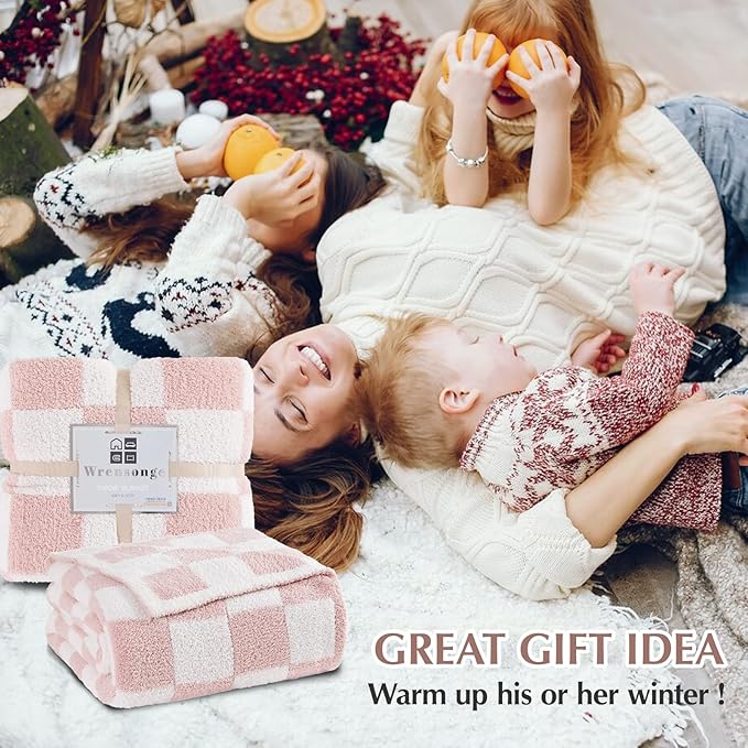 WRENSONGE Checkered Throw Blanket, Pink Soft Cozy Fluffy Warm Hand Made Throw Blankets for Couch, Sofa, Chair, Bed, Camping, Picnic, Travel Lightweight Bed Blankets for Women Mothers Birthday Gifts