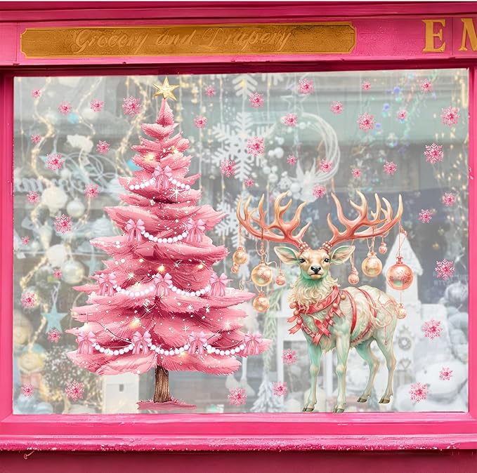 Pink Christmas Window Clings Large Christmas Pine Tree Decoration Decals for Glass Double-Sided Snowflake Elk Stickers Removable Xmas Reindeer Static Decal for Winter Holiday Party Home Indoor Decor