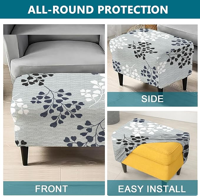 KRFOONN Stretch Ottoman Cover Slipcovers Rectangle Fit Length 27"-35" Footrest Stool Covers Printed Ottoman Cover for Foot Stool Furniture Protector with Non Slip Elastic Bottom, Color 01