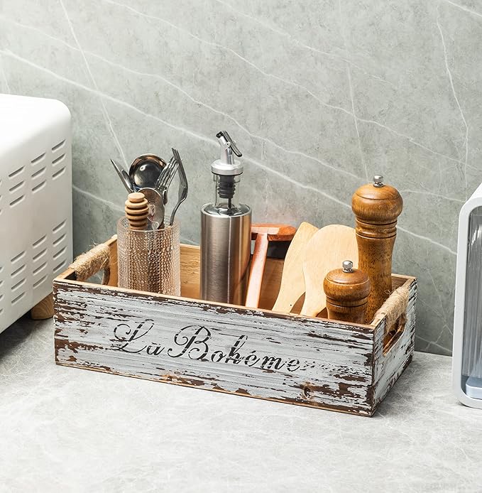 TIMRIS Farmhouse Distressed Wooden Storage Box, Rustic Bathroom Decor Box, Decorative Toilet Tank Basket Nice Butt, Vintage Countertop Organizer Box with Handles (Distressed White)