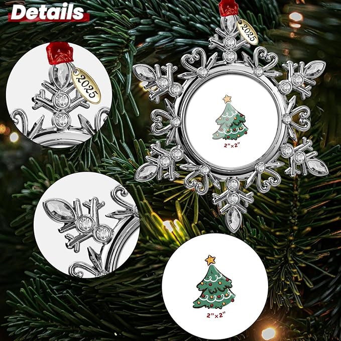 2025 Snowflake Picture Frame Christmas Ornaments 2" Metal Hanging Pendant for Tree Small Decorative Keepsake, Display Photo for Baby and Pet (Silver (2025))