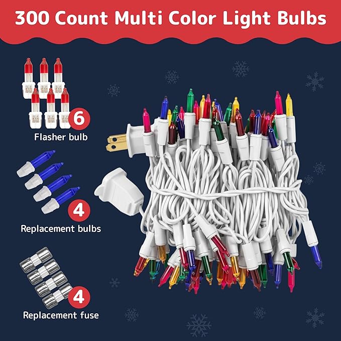 PREXTEX Bright and Colorful Christmas Lights (60 Feet, 300 Count) - Fall Decor and Christmas Tree Lights with White Wire - Indoor and Outdoor String Light - Multi-Color Incandescent Light