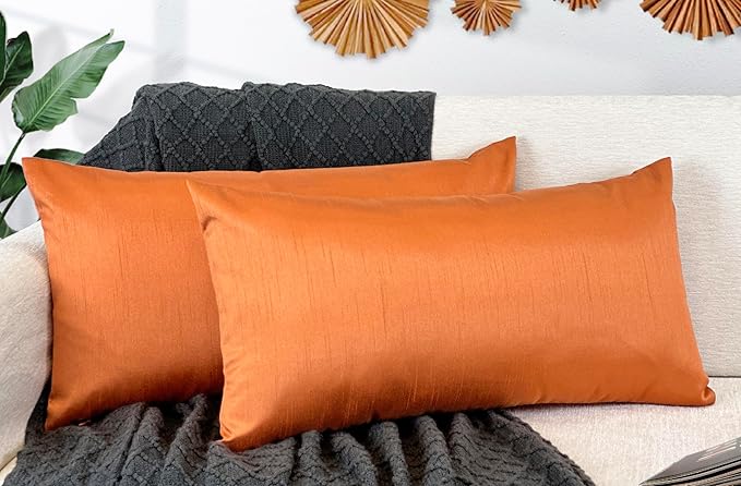 Aiking Home 12x24 Inches Faux Silk Rectangular Throw Pillow Cover, Zipper Closure, Orange (Set of 2)