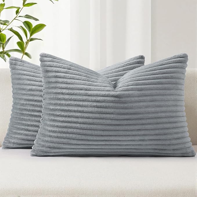 Simmore Decorative Christmas Throw Pillow Covers 12x20 Set of 2, Soft Natural Plush Flannel Double-Sided Fluffy Lumbar Pillow Covers for Couch Sofa Living Room, Grey