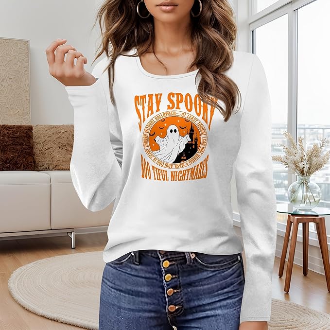Halloween Sweatshirt Ghost Graphic U-Neck Sweatshirt Long Sleeve Breathable Plus Size Halloween Pullover Best Gift