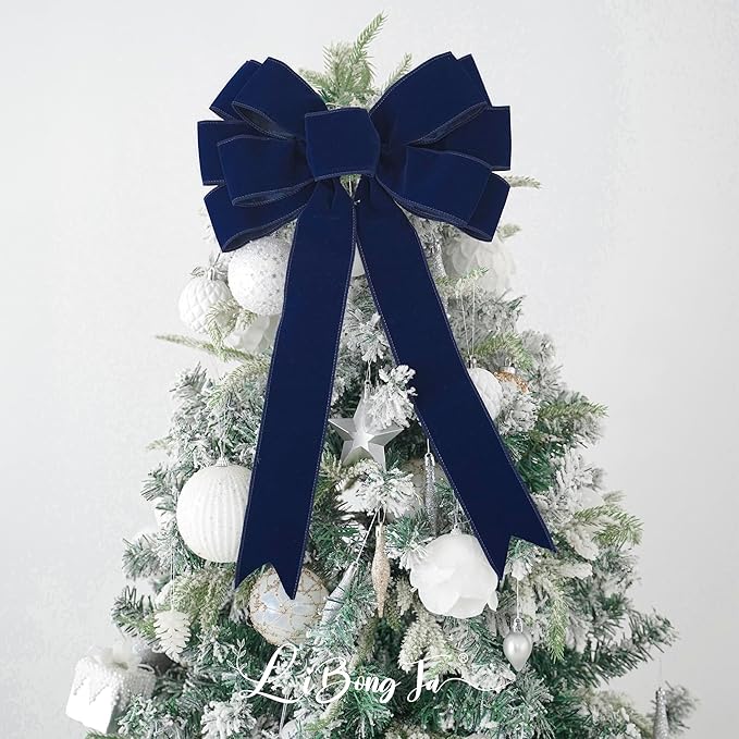 13" Navy Blue Velvet Christmas Tree Topper Bow, Premade for Wreaths, Gift Bows, Home Decor