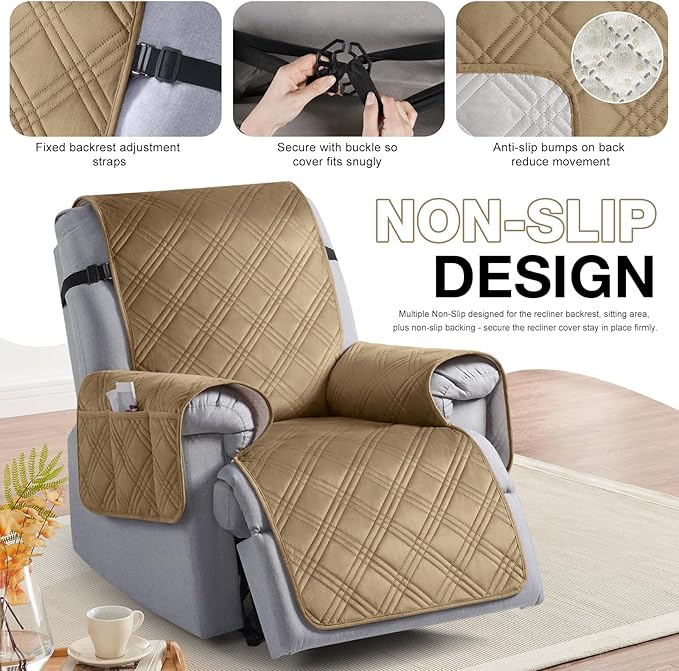 TAOCOCO 100% Waterproof Recliner Chair Cover, Recliner Covers for Recliner Chair with Pocket, Non Slip Reclining Chair Cover Furniture Protector for Kids, Pets(23.6'', Khaki-Velvet)