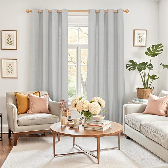 YoungsTex Light Grey Linen Curtains 84 Inches Long for Living Room, Light Filtering Drapes with Grommet Semi Sheer Window Treatments for Dining Bedroom, 2 Panels, 52 X 84 Inch