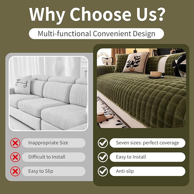 Velvet Couch Cover, Washable Sectional Sofa Cover, Anti Slip Sofa Slipcover for 3 Cushion Couch Sofa L Shaped Armrest Backrest, Furniture Protector Covers for Pets Kids(1PC,Green,36"×71")