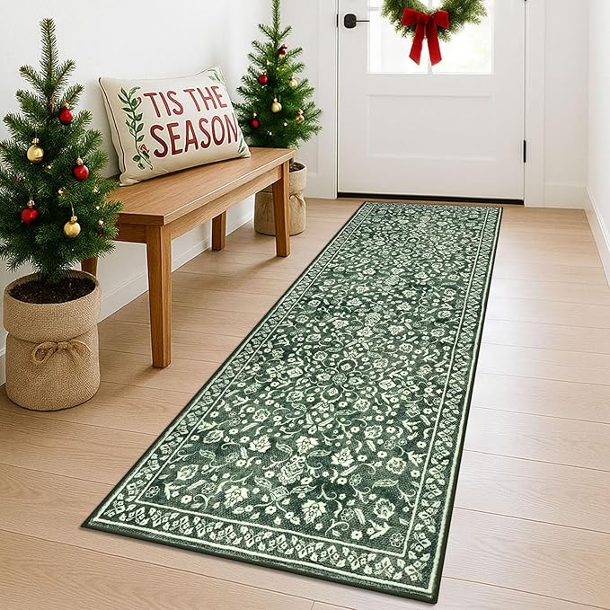 Vintage Washable Runner Rug 2x6, Forest Green Runners for hallways, Super Soft Kitchen Runner Rug Non Slip, Printed Faux Wool Thin Carpet Runner for Entryway Indoor Laundry Room Bedroom