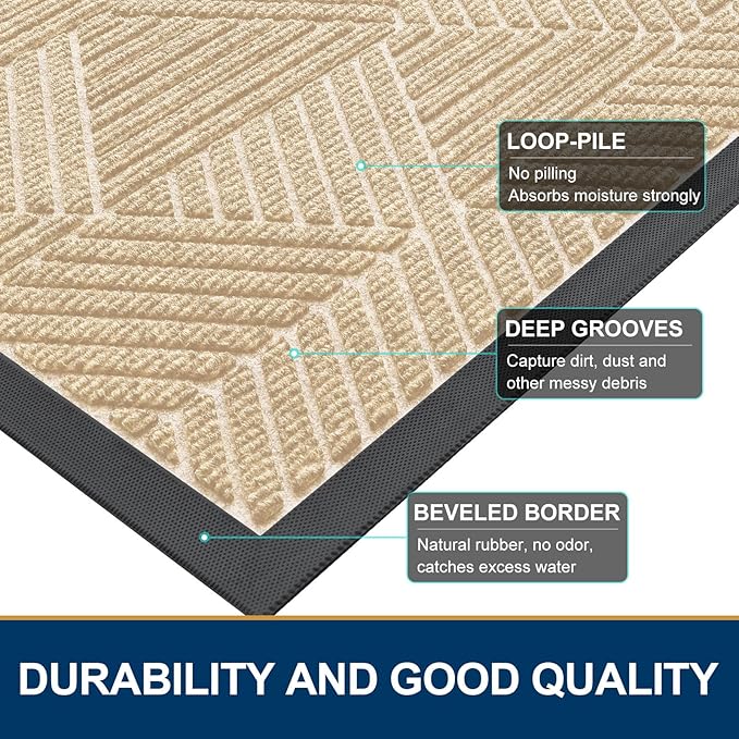 Smiry Front Door Mat Outside Entrance, Heavy Duty Sturdy Natural Rubber Doormat, Trap Dirt and Moisture, Easy Clean Low Profile Mats for Indoor Outdoor Entry, Irregular Triangle (29.5x17, Beige)