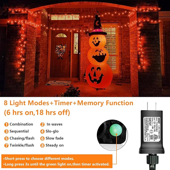QITONG 165ft 500 LED Orange Christmas Lights, Christmas String Lights Outdoor Waterproof with 8 Modes, Green Wire Orange String Light Plug in Indoor with Timer Memory