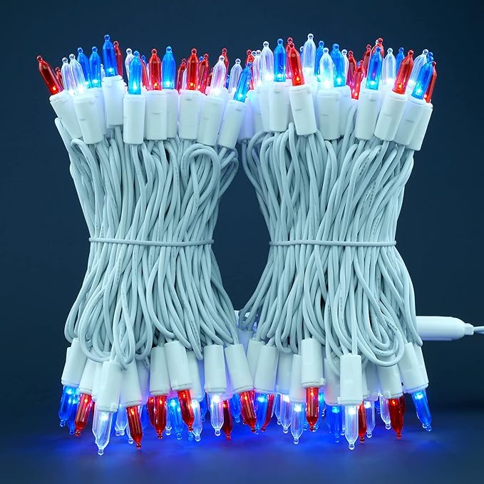 200 Count Red White and Blue LED Christmas Lights, 66 ft White Wire UL Certified Commercial Grade Holiday String Light Set (Red White & Blue)