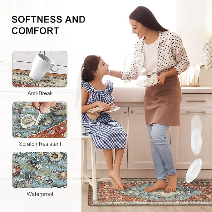 Collive Boho Kitchen Mats for Floor, Kitchen Mats Cushioned Anti Fatigue Waterproof Kitchen Rugs Sets of 2 Non-Skid Comfort Standing Mat for Kitchen, Office, Sink, Laundry, 20"x32"+20"x48"(Red)