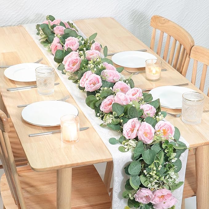 TOCHGREEN 2 Pack 13Ft Artificial Eucalyptus Flower Garland with Pink Roses, Fake Rose Flower Greenery Garland Floral Vines for Wedding Home Party Table Runner Decor (4PCS, Pink)