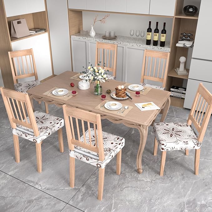Stretch Dining Chair Seat Covers Set of 4,Dining Chair Slipcovers, Floral Printed Chair Covers,Soft Fabric Washable Upholstered Chair Seat Protector, No Rear Covers for Home Kitchen Dining Room