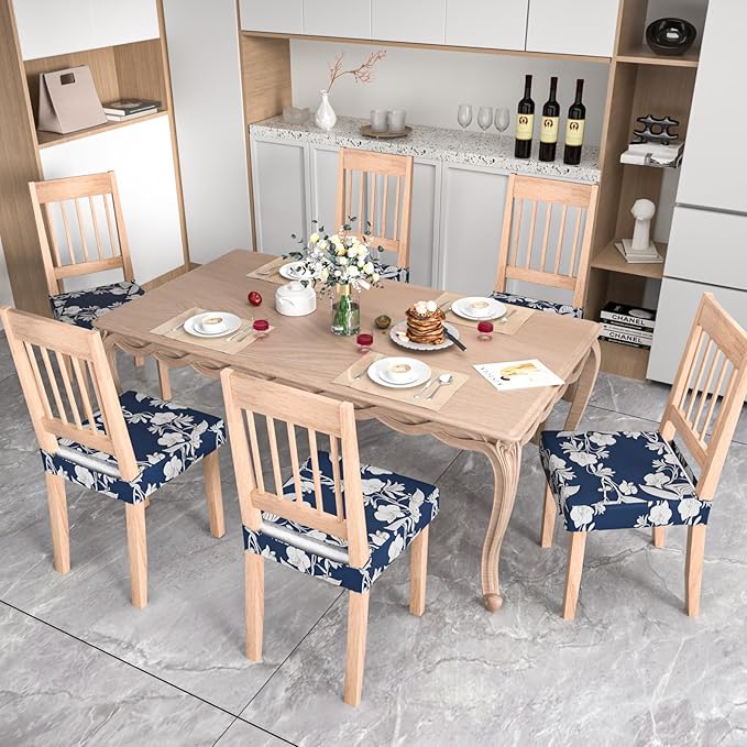 Stretch Dining Chair Seat Covers Set of 6,Dining Chair Slipcovers, Floral Printed Chair Covers,Soft Fabric Washable Upholstered Chair Seat Protector, No Rear Covers for Home Kitchen Dining Room