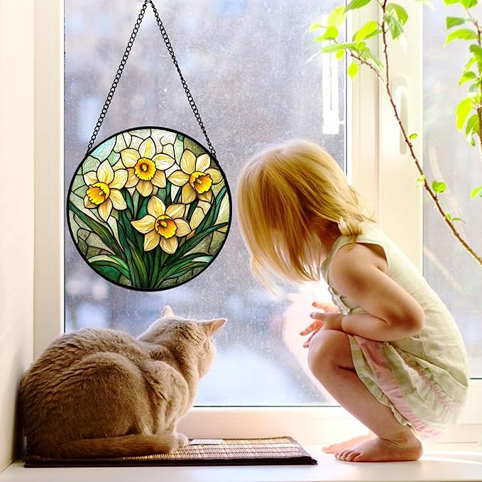 Stained Glass Window Hanging, Daffodil Plant Flowers Sun Catchers Diamond Glass Panel Hangings Suncatcher Decor for Birthday for Women, Men, Wife, Aunt, and Mom 11.8x11.8 in