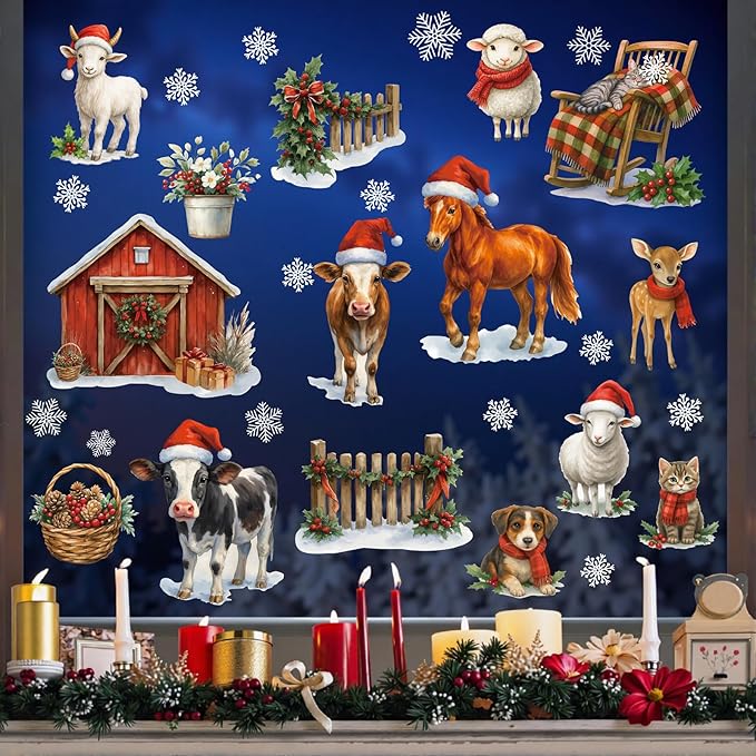 Merry Christmas Window Cling,Christmas Farm Animals Window Sticker,Xmas Farm Animals Wall Decal,Xmas Farmhouse Hourse Cows Sheep Dog Cat Wall Sticker for Glass Winter Party Home Living Room