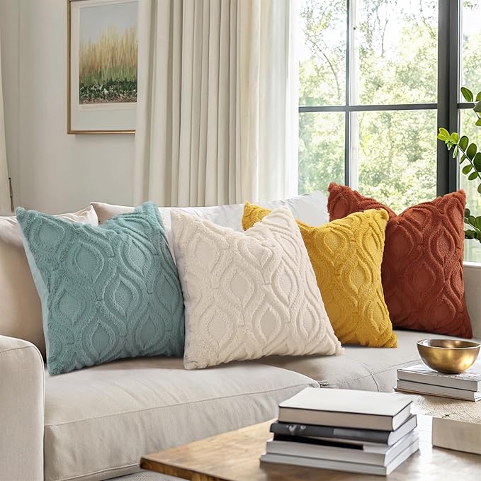 decorUhome Throw Pillow Covers 16x16 Inch Set of 2, Soft Plush Faux Wool Mustard Yellow Solid Couch Pillow Covers, Accent Farmhouse Neutral Square Pillow Cases for Sofa Bed Living Room