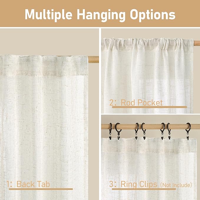 LAMIT Cream Linen Boho Curtains, 80 inch Length, 2 Panels, Light Filtering Semi Sheer, Back Tab and Rod Pocket, Neutral Panels for Bedroom/Living Room, 52 x 80 Inch